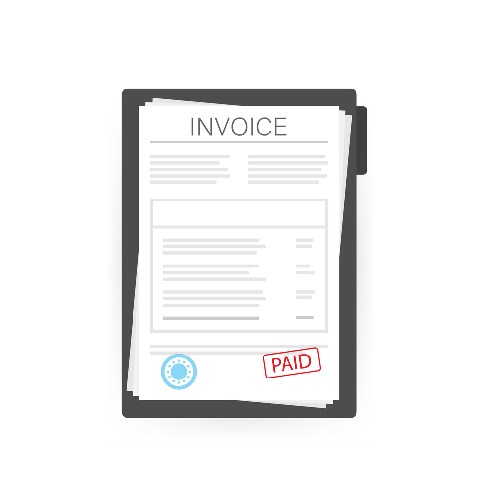 Invoice with paid stamp in clipboard. Vector stock illustration.